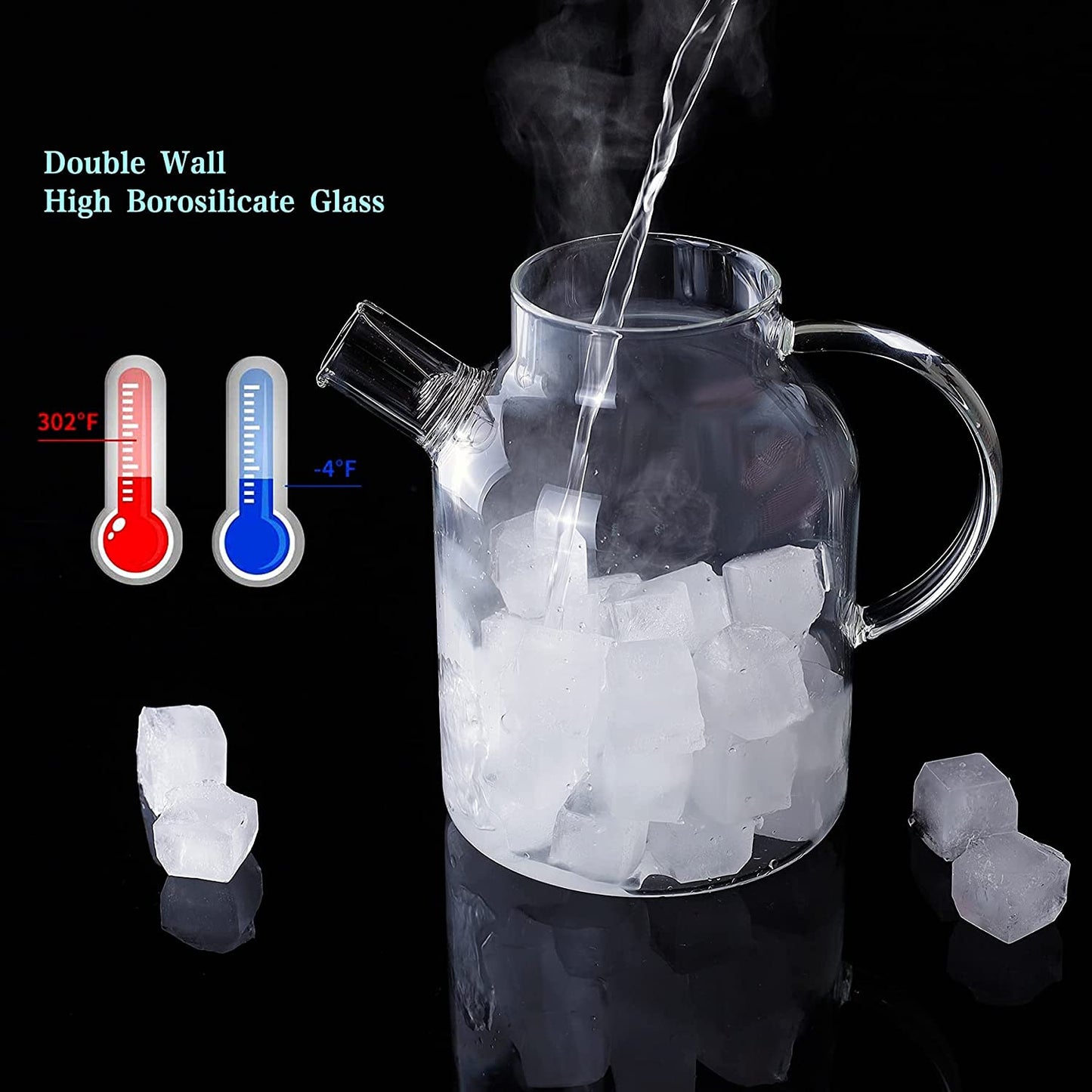 Glass Teapot Stovetop Safe 50.7oz Clear Glass Pitcher with Removable Filter Spout for Loose Leaf and Blooming Teabag GLA-A002