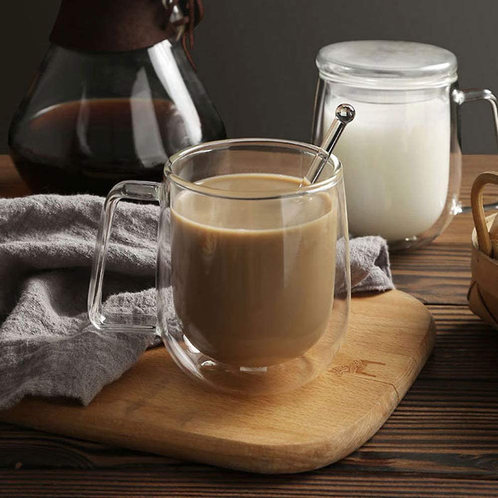 Double Walled Tea Cups, Clear Borosilicate Glass Mug for Latte GLA-H012