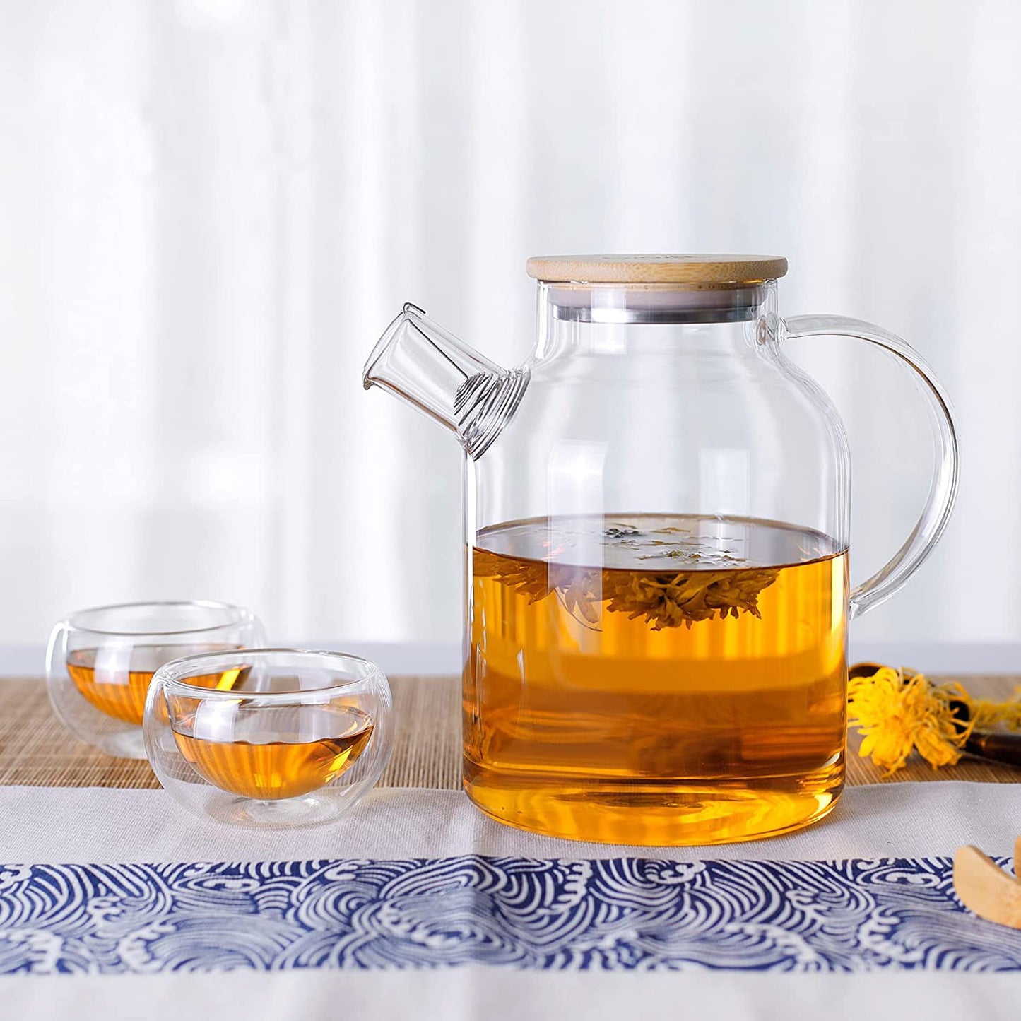 Glass Teapot Stovetop Safe 50.7oz Clear Glass Pitcher with Removable Filter Spout for Loose Leaf and Blooming Teabag GLA-A002